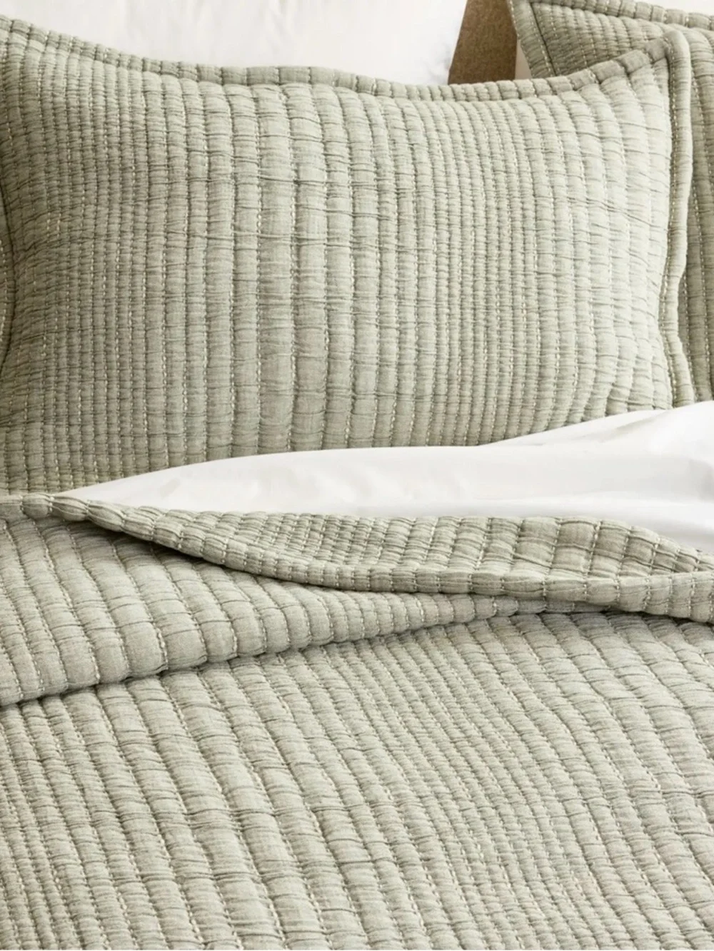 Quince Sham Set - Organic Cotton Channel Stitch Standard Size in Green